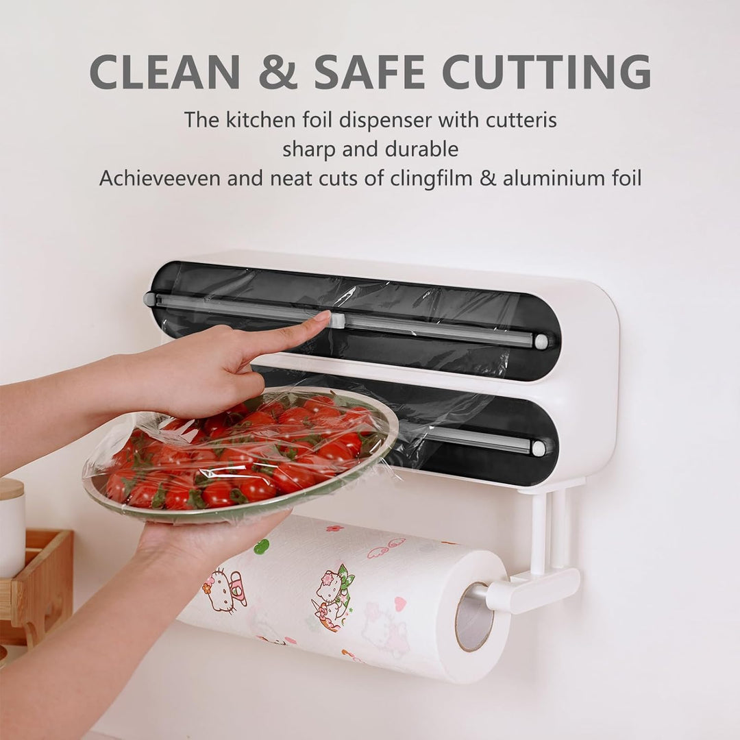 3 in 1 Frischhaltefolienspender mit Cutter, Küchenrollenhalterung mit Küchenrollenhalter, Alufoliens
