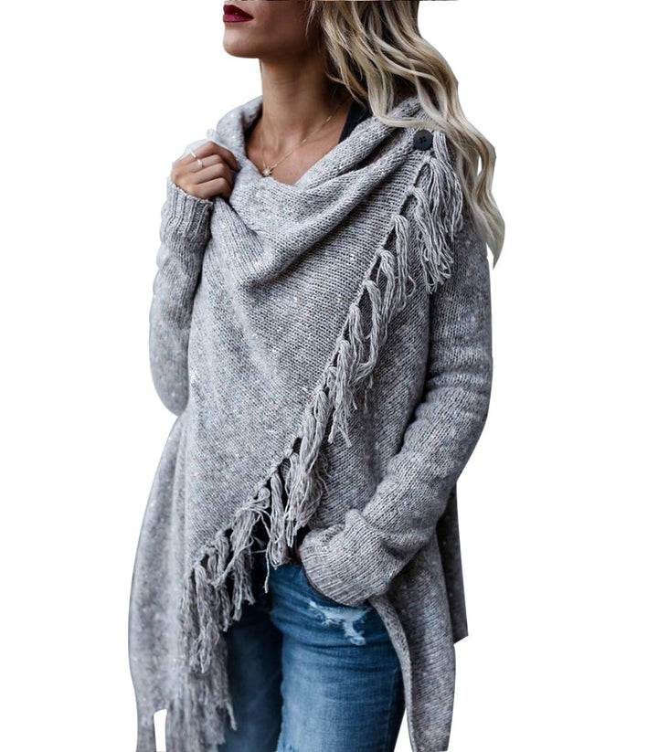 CEASIKERY Damen-Poncho mit Fransen, Pullover, Lange Strickjacke, Strickpullover, Mantel L Hellgrau,