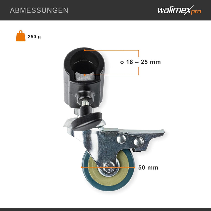 Walimex pro Stativrollen Pro 3er-Set – Stativrollen, Lenkrollen, Vollmetall, Rollen 50mm Ø, mit Gumm