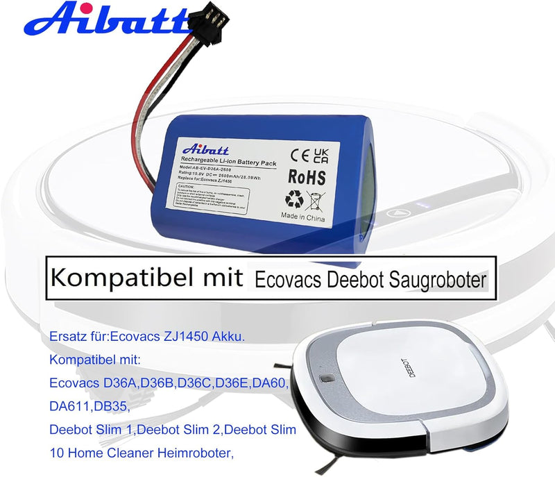 Aibatt Li-ion akku,Ersatzakku für Ecovacs D36A,D36B,D36C,D36E,DA60, DA611,DB35,Deebot Slim 1,Deebot