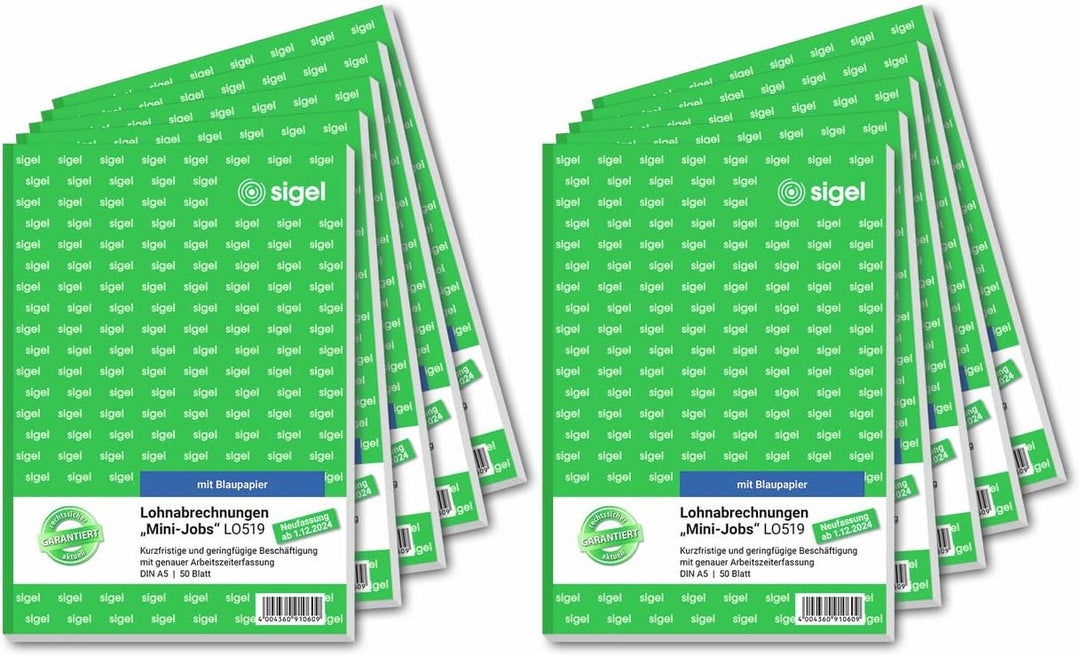 SIGEL LO519/10 Lohnabrechnungen für Mini-Jobs, für geringfügige / kurzfristige Beschäftigung, A5, 10