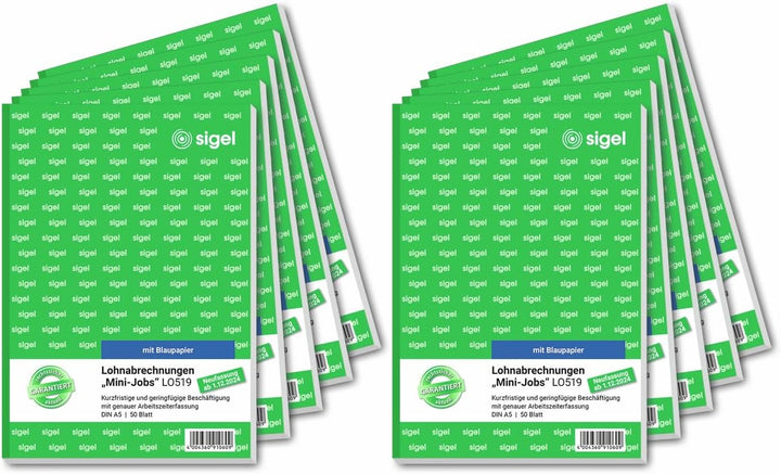SIGEL LO519/10 Lohnabrechnungen für Mini-Jobs, für geringfügige / kurzfristige Beschäftigung, A5, 10