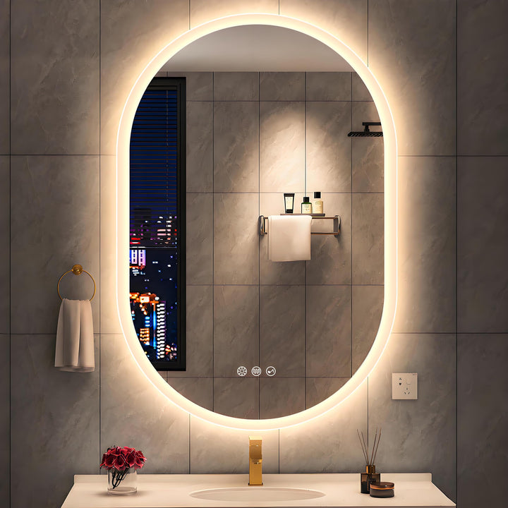 S'bagno Badspiegel-mit-Beleuchtung 60x90cm, Oval-Badezimmerspiegel-mit-Beleuchtung und Bluetooth, En
