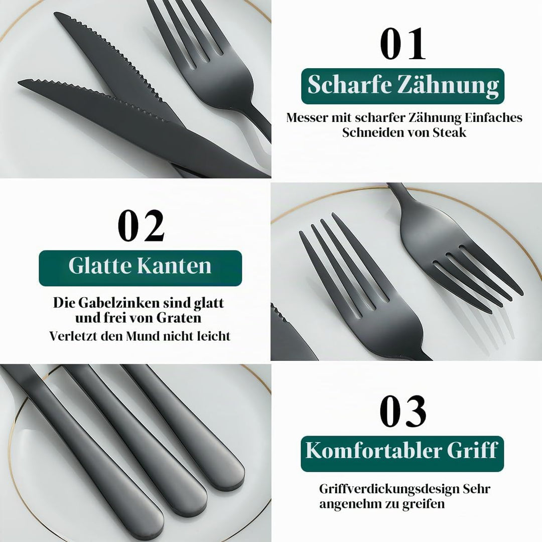 Evanda Schwarzes Steakbesteck 12 teilig, Schwarzes Titanbeschichtung Edelstahl 6 Tafelgabeln und 6 T