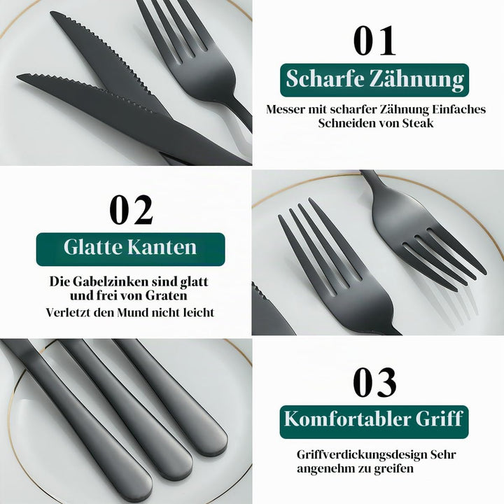 Evanda Schwarzes Steakbesteck 12 teilig, Schwarzes Titanbeschichtung Edelstahl 6 Tafelgabeln und 6 T
