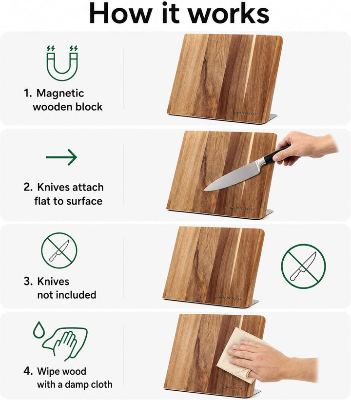 Hanseküche Messerhalter magnetisch – Magnetischer Messerblock aus Akazienholz, hochwertiges Messerbr
