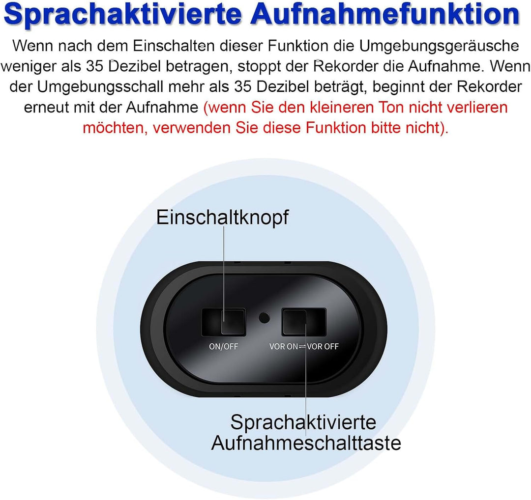12 Tage Lange Akkulaufzeit, 128 G magnetischer sprachaktivierter Rekorder, 2000 Stunden Aufnahmekapa