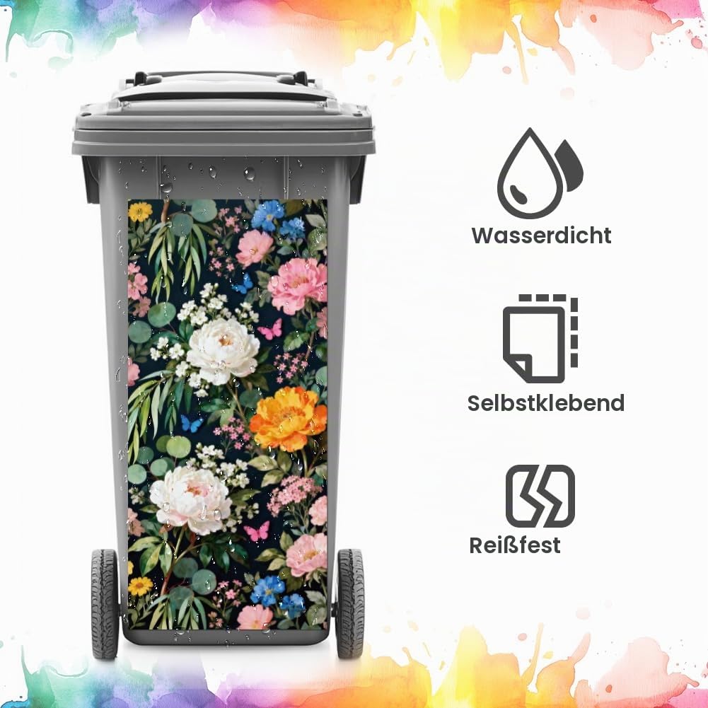 ANATTASOUL Mülleimer Aufkleber, 2 Blätter Mülltonnen Aufkleber 38×82cm Blumen Selbstklebend Aufklebe