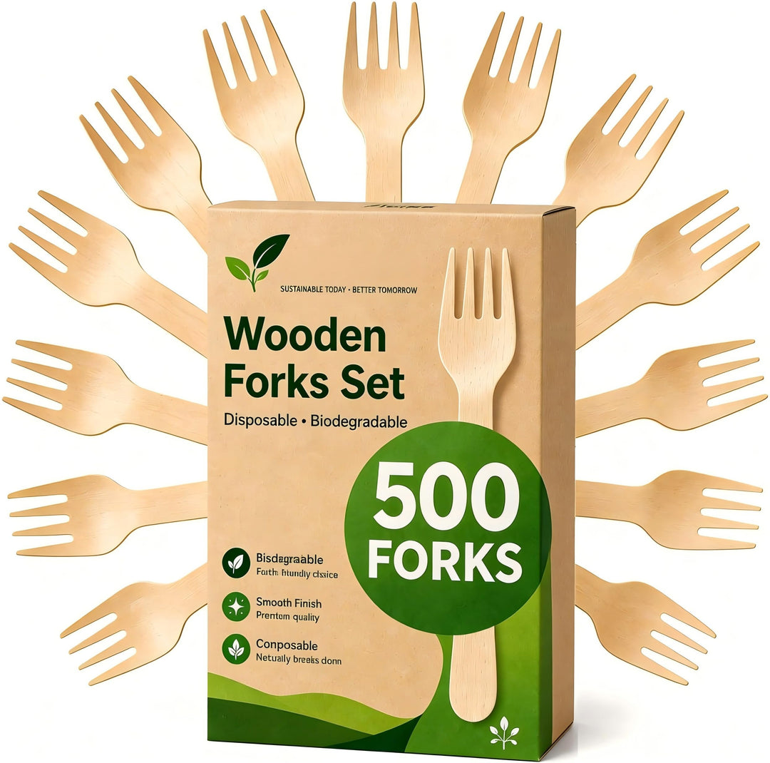 500 Holz Gabeln (Wooden Forks) Einwegbesteck Satz - Alternative zu Plastik Gabeln, Umweltfreundlich,