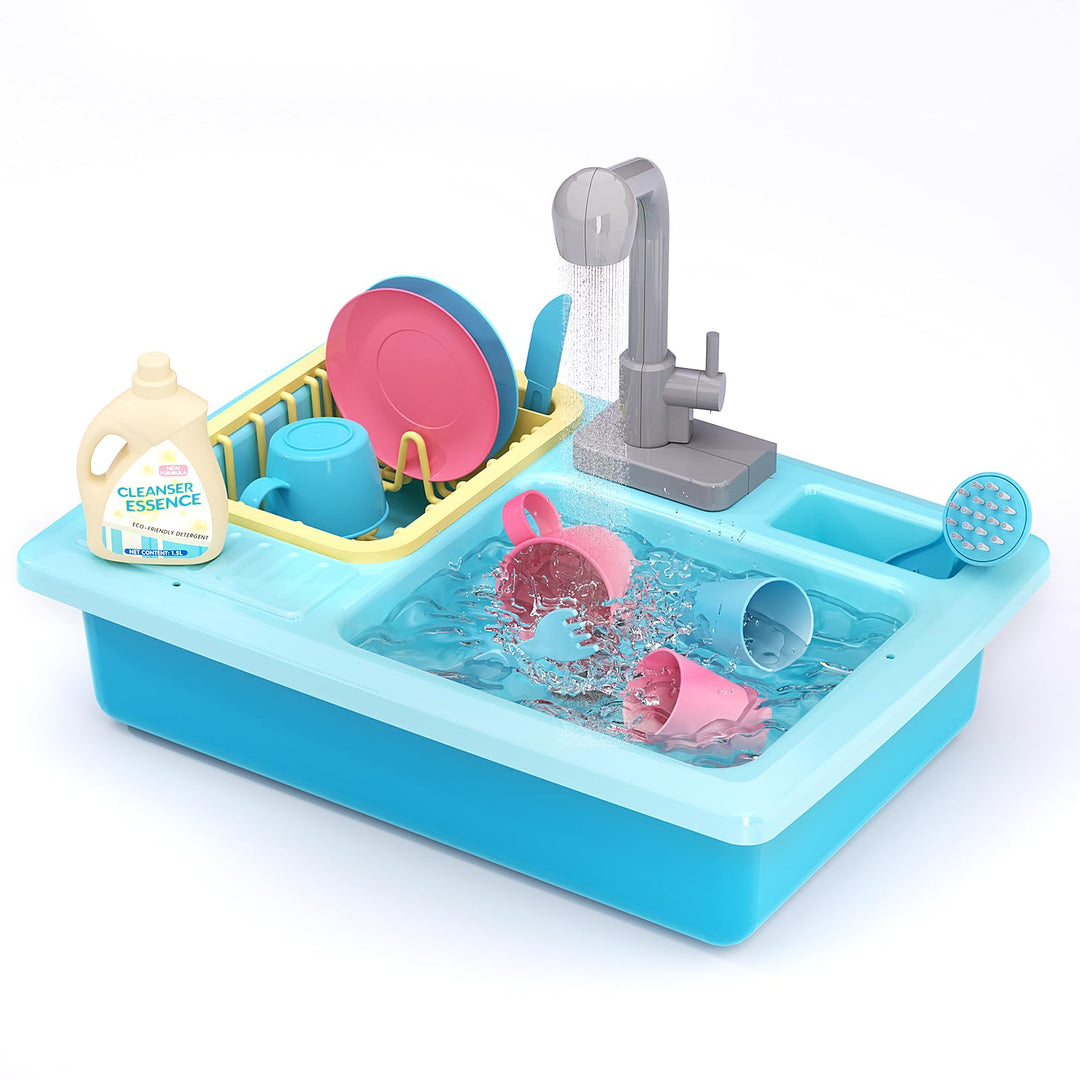 JOVOW Küchenspüle Spielzeug Set, Kinderwaschbecken mit Elektrischen Wasserhahn, Spielzeug Zubehör Kü