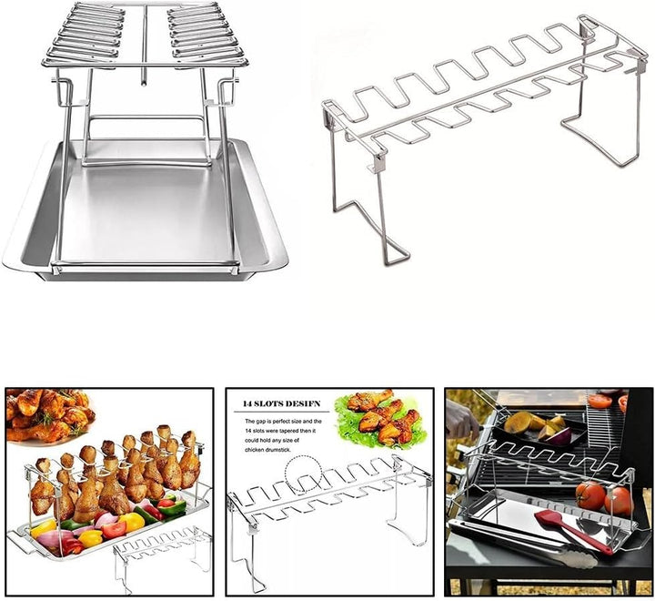 Edelstahl-Huhnflügelhalter, 14 Fächer, faltbarer Hühnerflügel-Halter, Drumstick-Rack, Grillständer,