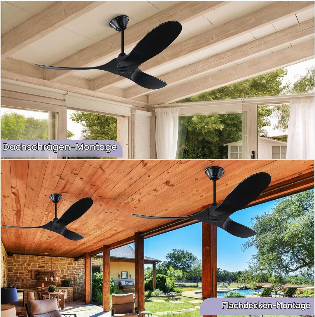 MSHENUED 132cm Schwarzer Deckenventilator ohne Licht, 52-Zoll-Deckenventilator für den Aussenbereich