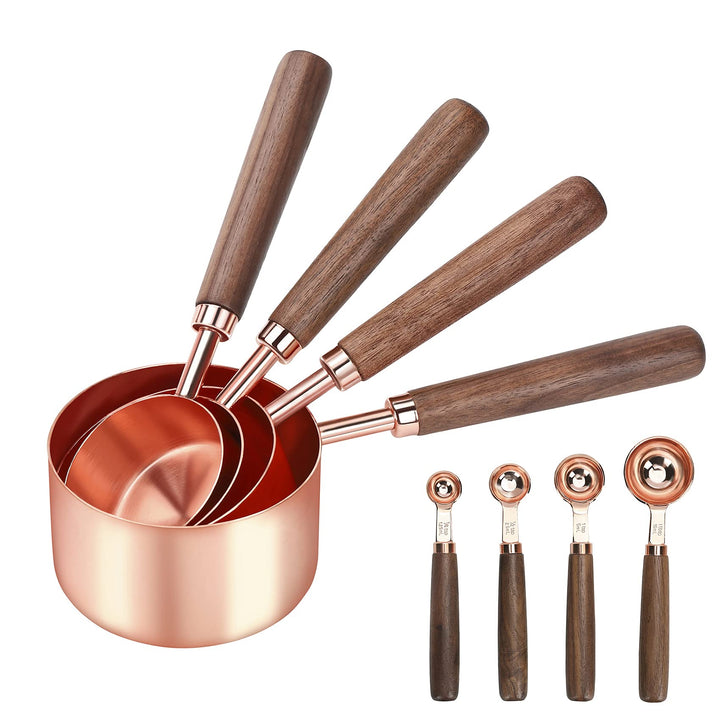 GuDoQi Messlöffel und Messbecher Set, 8 Stück, Premium Edelstahl Spiegel Poliert, 4 Holzgriff Messbe