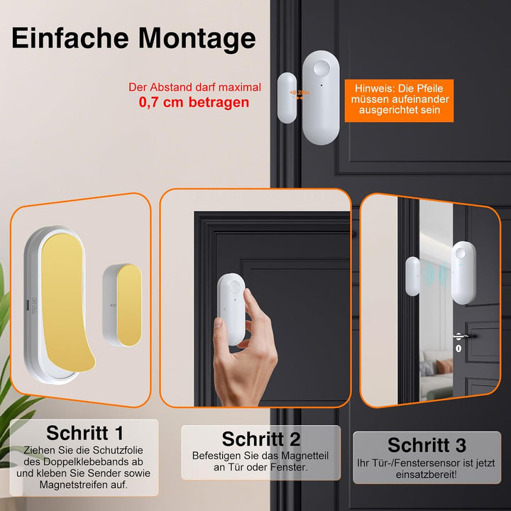 Fensteralarm Einbruchschutz, Tragbarer Empfänger mit 3 Sensoren | 5 Lautstärkestufen, 6-LED-Warnanze