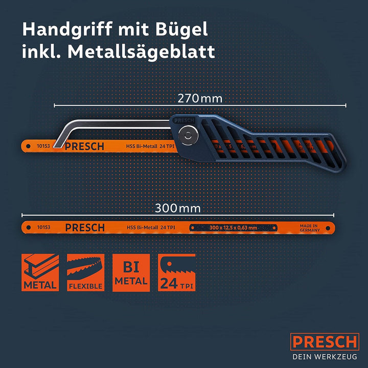 Presch Mini Metallsäge Flexibel 300mm - 3in1 Bügelsäge inkl. Metallsägeblatt - Verstellbarer Sägehan