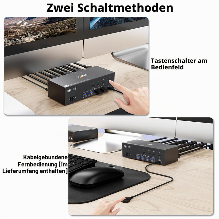 KVM Switch 4 PC 3 Monitore 8K@60Hz 4K@144Hz, USB 3.0 KVM Switch Triple Monitor 2 Displayport 1.4 + H