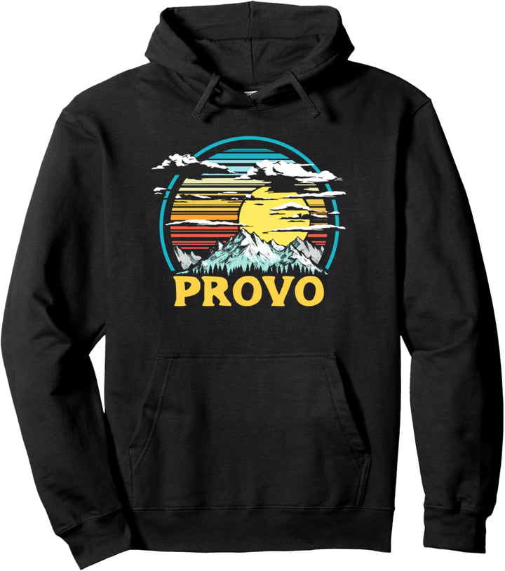 Retro Provo Utah Vintage 80s Style Mountains & Sun Pullover Hoodie
