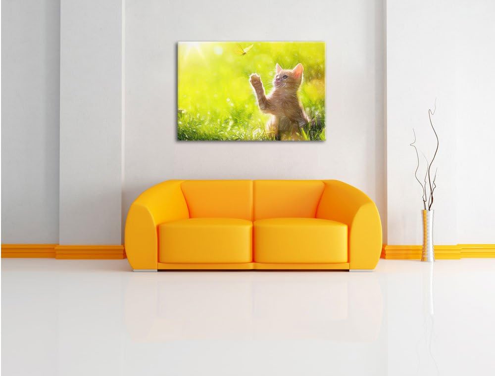 Pixxprint Kätzchen jagt Schmetterling Kunst Buntstift Effekt, Format: 100x70 auf Leinwand, 100x70