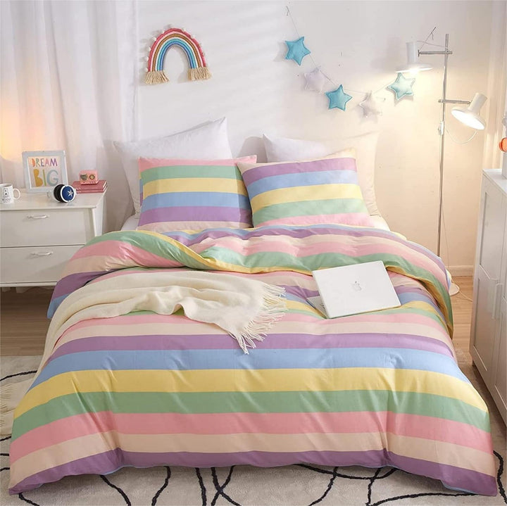 Freyamy Mädchen Bettwäsche 135x200cm Bunt Regenbogen Streifen Kinderbettwäsche 100% Microfaser Babyb