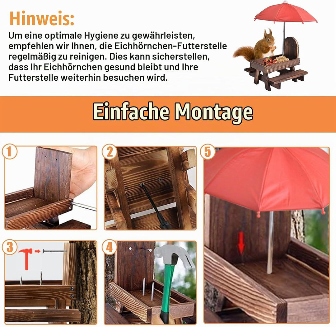 Eichhörnchen Futterhaus mit Regenschirm: Holz Eichhörnchen Picknicktisch mit Maiskolbenhalter, Wette