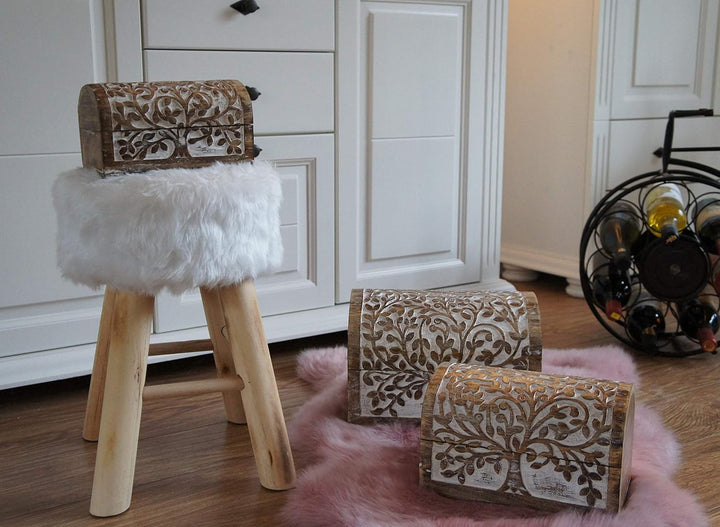 3 er Set Schatztruhen Baum des Lebens, massive Holz-Schatullen max.28 x 20 x 19 cm, white wash … Whi