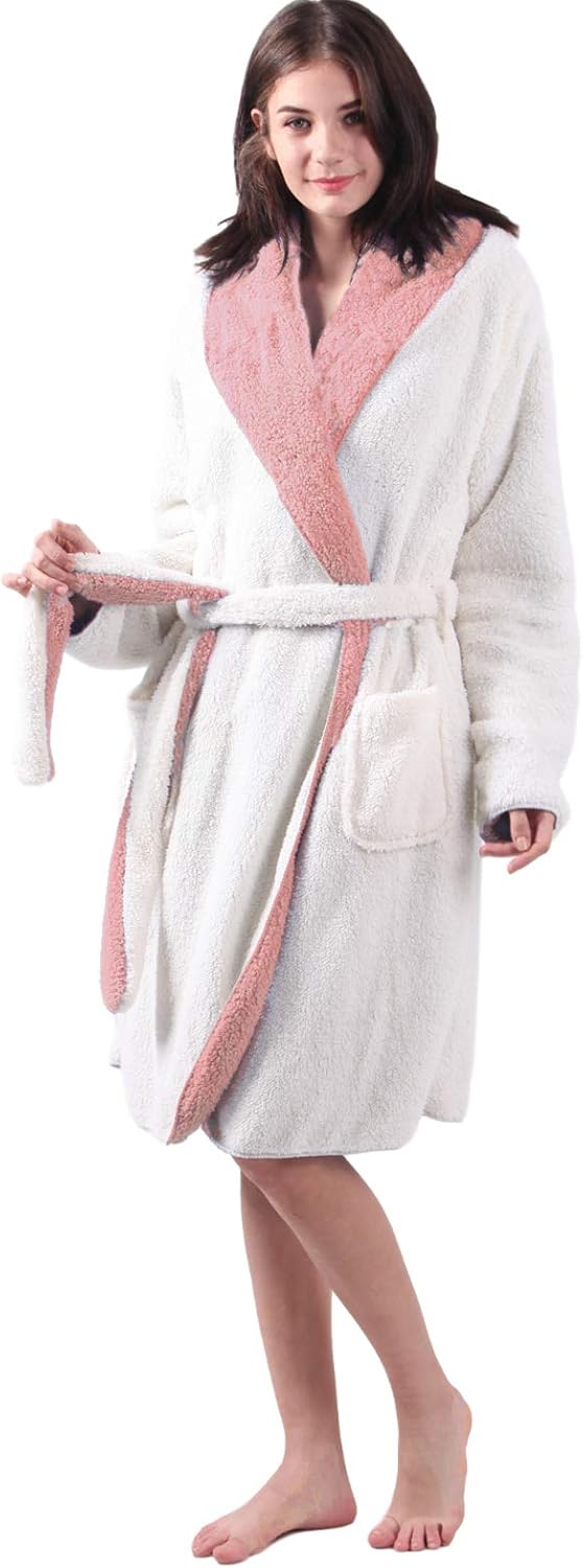 Sherpa Wende Bademantel Lammfell Optik für Damen und Herren mit Kapuze Morgenmantel Hausmantel, Altr