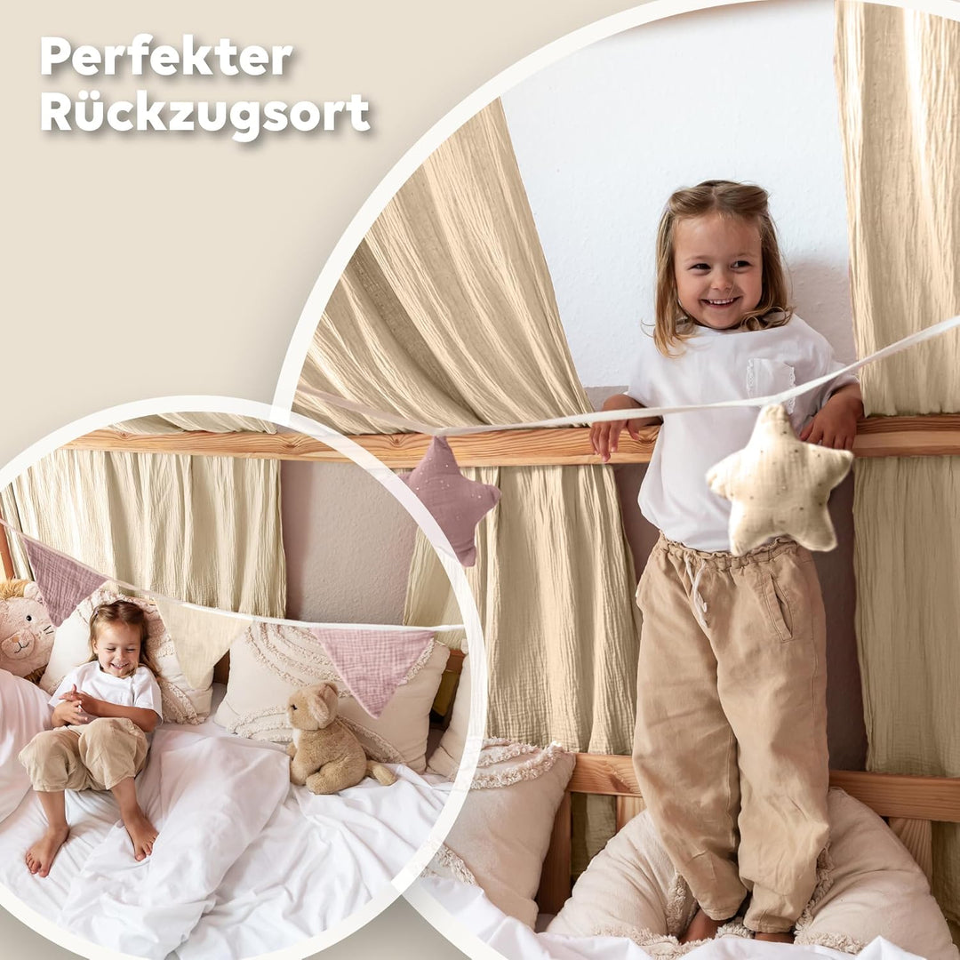 Hausbett Himmel mit Gold Applikation [in 12 Farben] Betthimmel Hausbett aus 100% Baumwolle Musselin