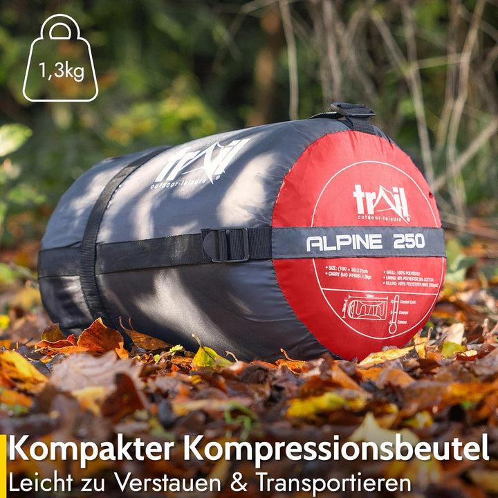 Trail-Alpin-Schlafsack mit Kapuze – 250 g Schlafsack, 3-Jahreszeiten- Schlafsack. Leicht, kleines Pa