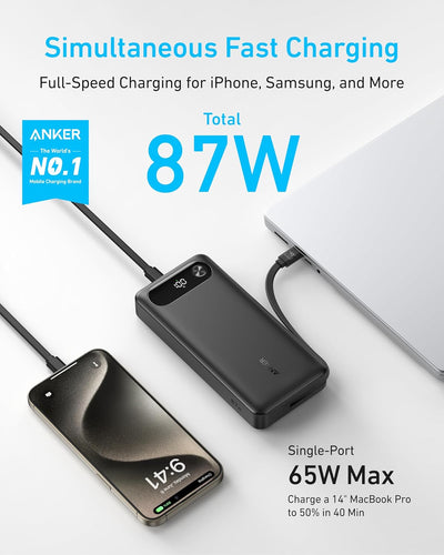 Anker Powerbank, 20.000mAh tragbares Ladegerät mit integriertem USB-C-Kabel, 87W Max Schnelllade-Akk