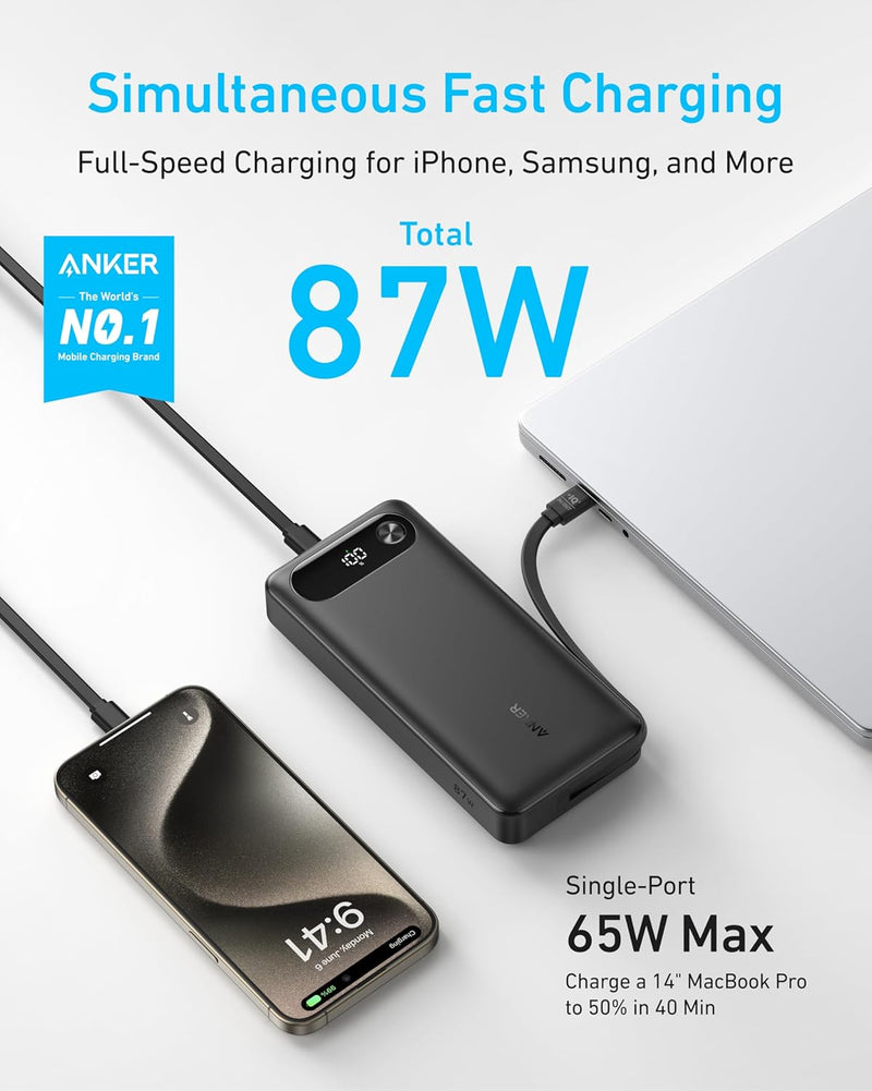 Anker Powerbank, 20.000mAh tragbares Ladegerät mit integriertem USB-C-Kabel, 87W Max Schnelllade-Akk