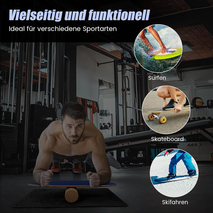 GYMAX Balance Board aus Holz, 15 mm BalanceBoard mit 10mm Korkrolle & rutschfeste Matte aus Filz, In