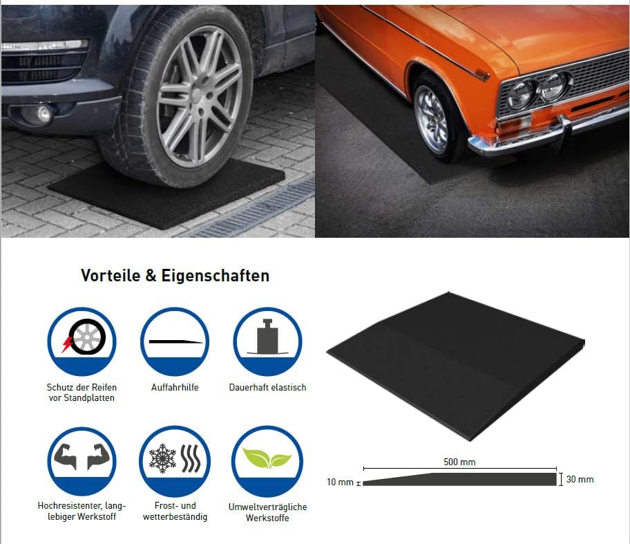 PROFIMAT® 2 in 1 Reifenschoner & Auffahrrampe 50x50x1-3 cm | Recycling Gummigranulat | Reifenschutzm