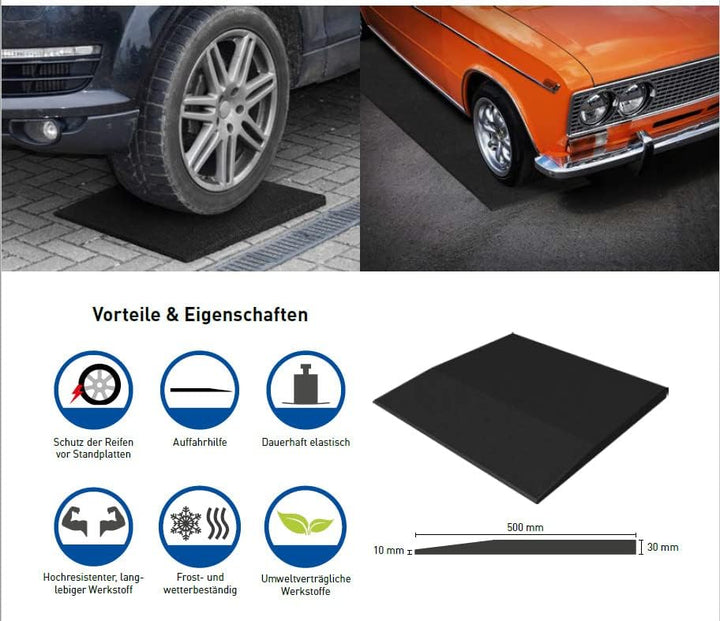 PROFIMAT® 2 in 1 Reifenschoner & Auffahrrampe 50x50x1-3 cm | Recycling Gummigranulat | Reifenschutzm