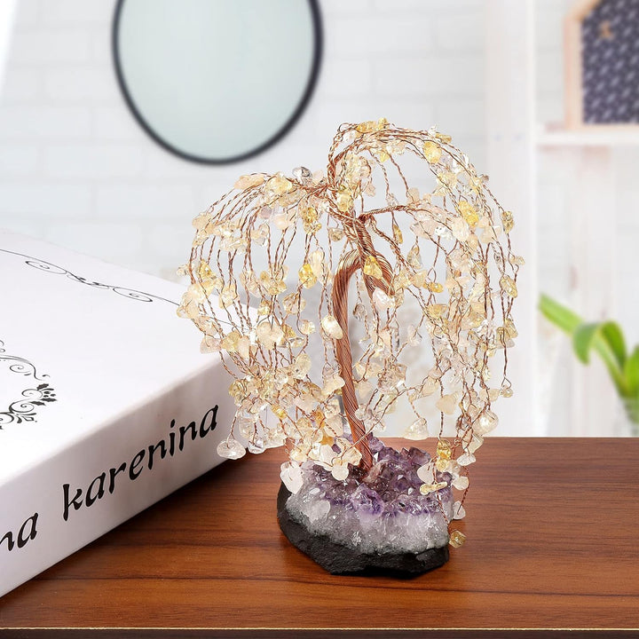 mookaitedecor Natürlicher Citrin-Kristall-Baum mit Amethyst-Cluster-Kristall-Basis, Feng Shui Bonsai