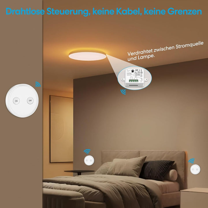 LoraTap Funk Lichtschalter Set mit 3 Fernbedienungen und 1 Empfänger, 230V Funk Schalter für Licht &