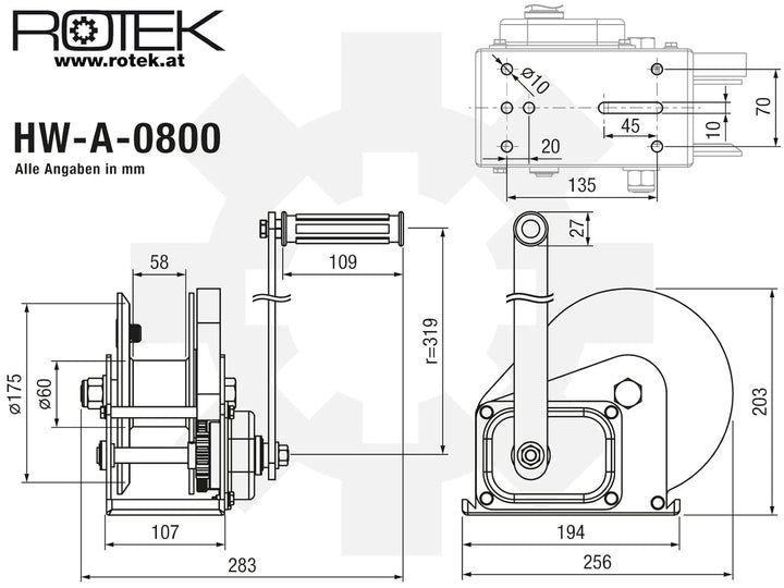Rotek Konsolen-Seilwinde mit Bremse, HW-A-0800 (Kapazität 800kg) mit 10m Seil (D5mm), mit 10m Seil (