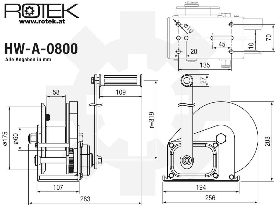 Rotek Konsolen-Seilwinde mit Bremse, HW-A-0800 (Kapazität 800kg) ohne Seil, ohne Seil