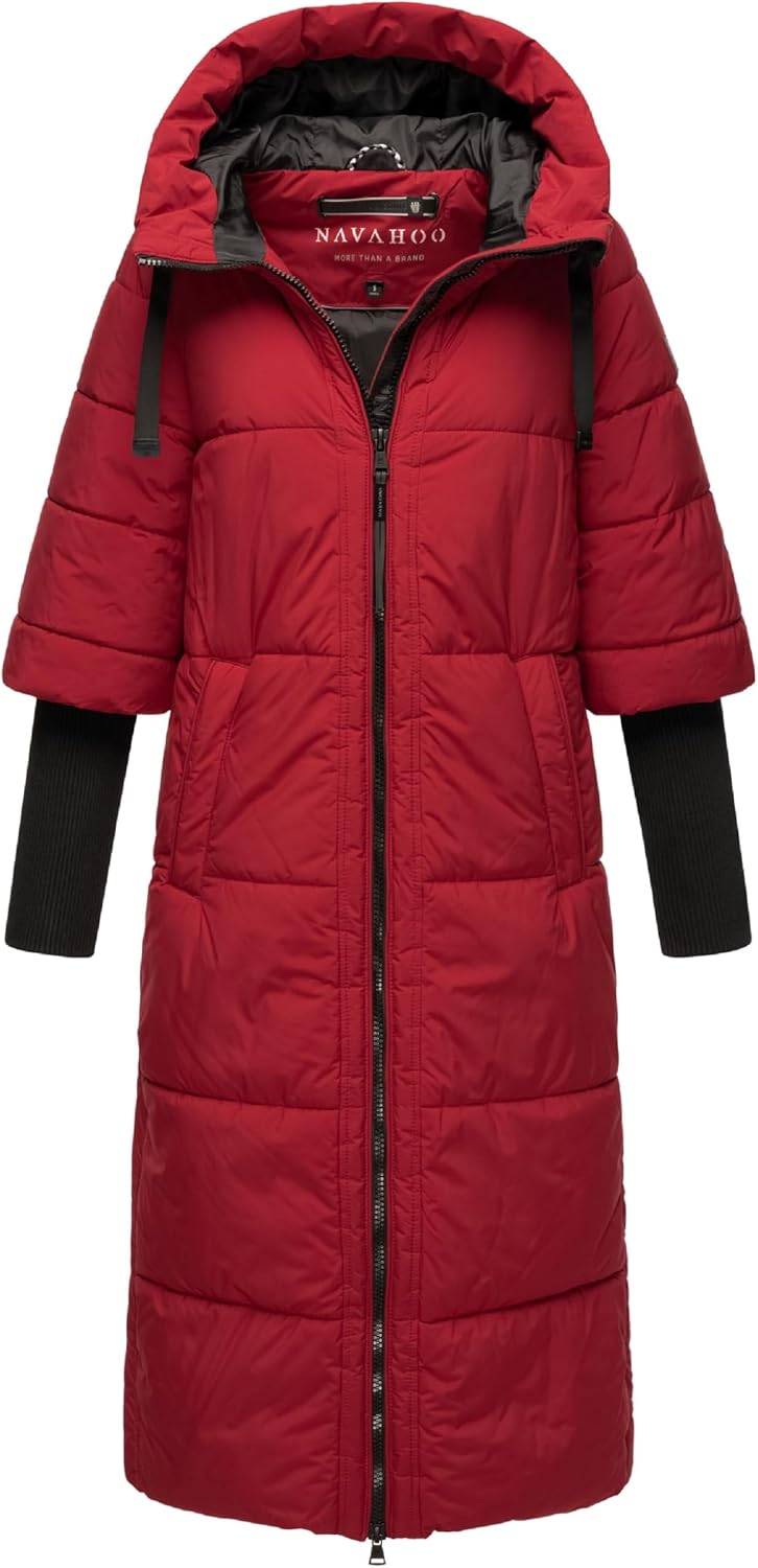 Navahoo Damen Wintermantel Warmer Steppmantel lang mit Kapuze und Rippstrickärmeln Ciao MIAU XIV XS-