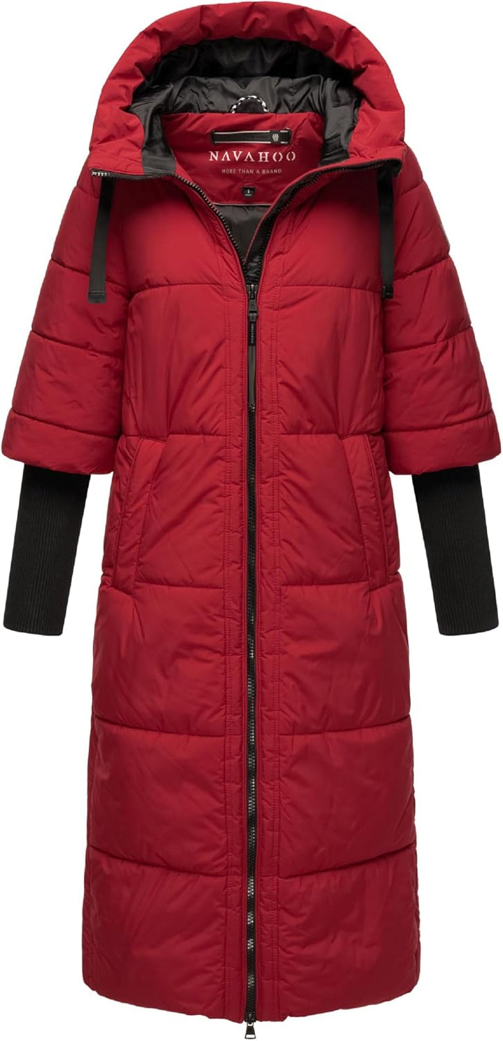 Navahoo Damen Wintermantel Warmer Steppmantel lang mit Kapuze und Rippstrickärmeln Ciao MIAU XIV XS-