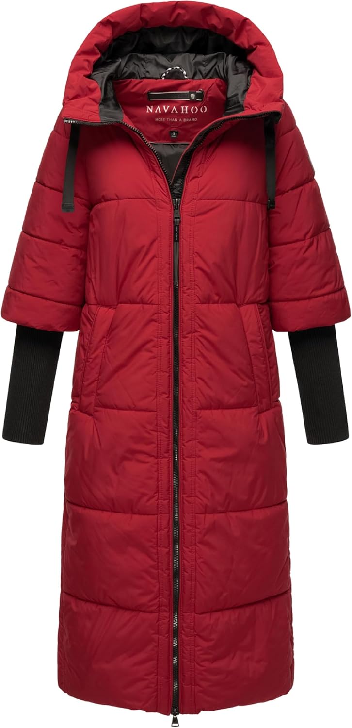 Navahoo Damen Wintermantel Warmer Steppmantel lang mit Kapuze und Rippstrickärmeln Ciao MIAU XIV XS-