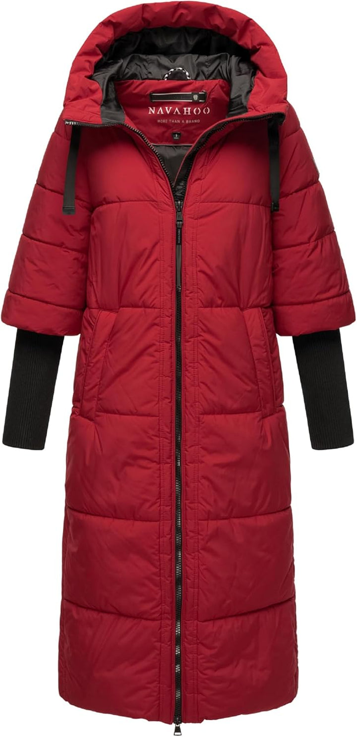 Navahoo Damen Wintermantel Warmer Steppmantel lang mit Kapuze und Rippstrickärmeln Ciao MIAU XIV XS-