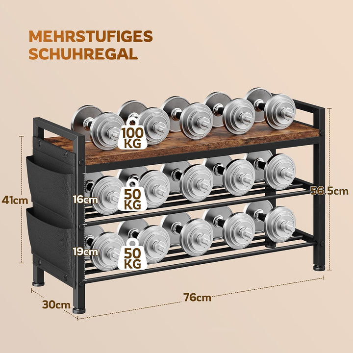 Schuhbank mit sitzfläche 3 Ebenen für 9-12 Paar, Schuhregal schmal mit Seitentaschen, Metall-Holz Sc