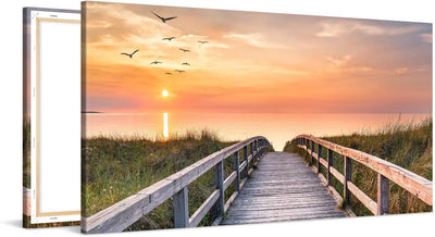 PICANOVA – Bild auf Leinwand Holzweg zum Meer 100x50cm – Leinwandbild – Premium Leinwanddruck – Wand