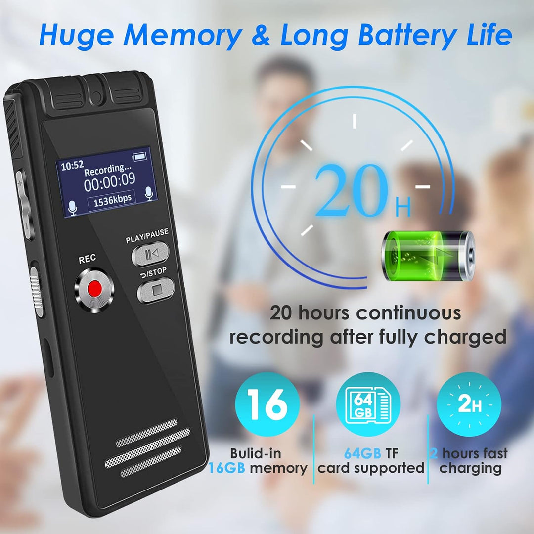 16 GB Aiworth Sprachaktivierter Digitaler Diktiergerät–Mini Aufnahmegerät mit Wiedergabe und Passwor