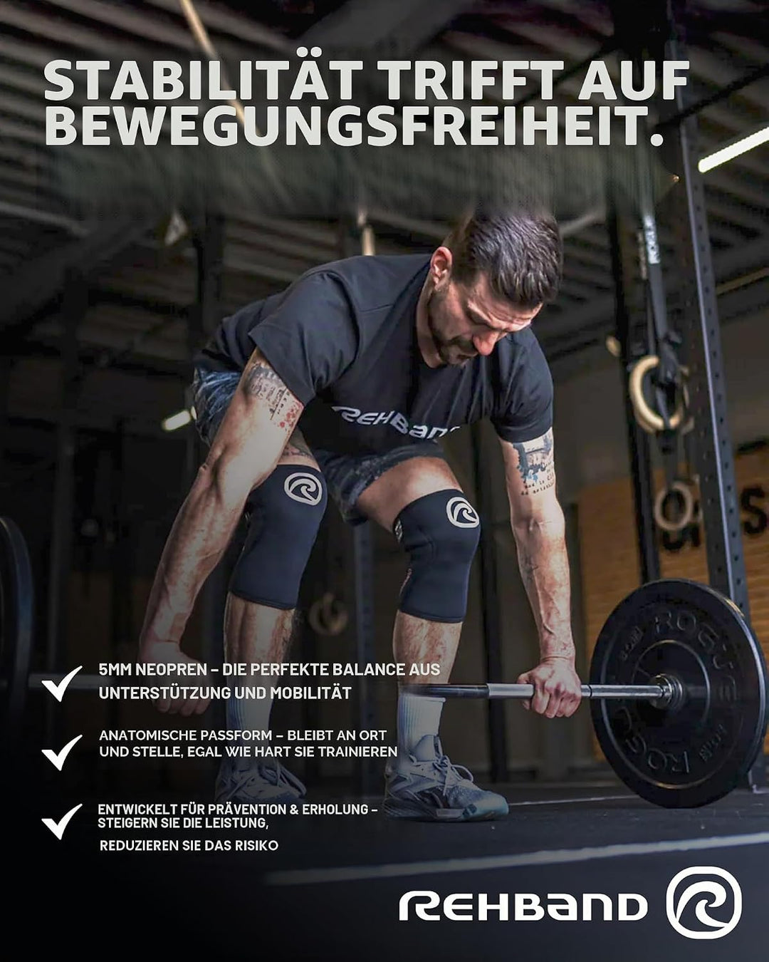 Rehband Kniebandage Kraftsport, Kniestütze für Cross Fit &amp; schweres Training, Knee Sleeve aus 5 mm N