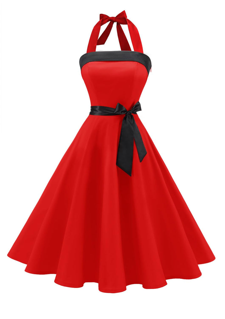 Damen Vintage Cocktailkleid Knielang Neckholder Swing Retro Rockabilly Kleid A-rot XXL, A-rot XXL