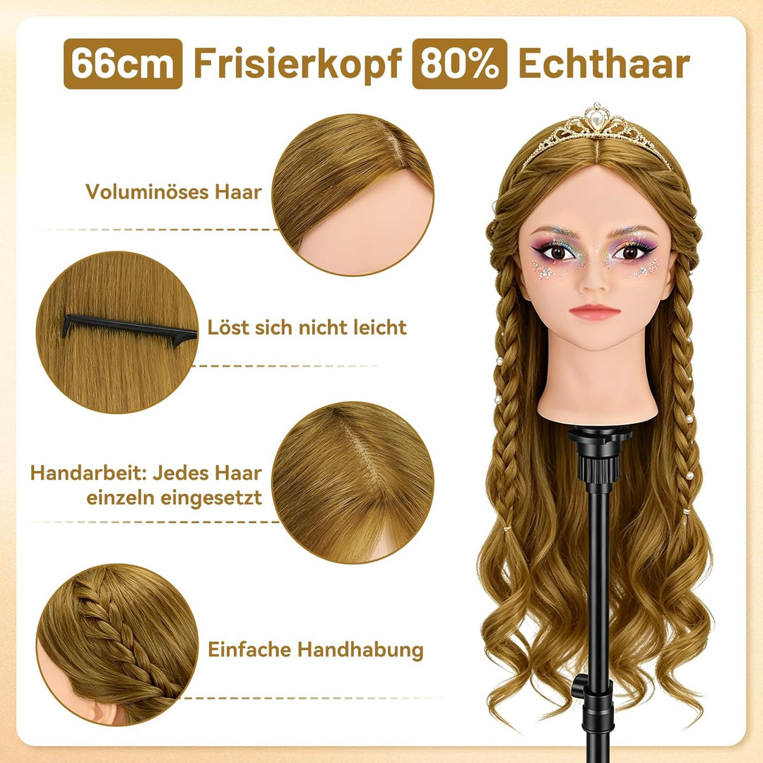 TwoWin Friseurkopf mit Haaren, 26 Zoll (66 cm) 80% Echthaar Mannequin Kopf, Make-up Übungskopf, Trai