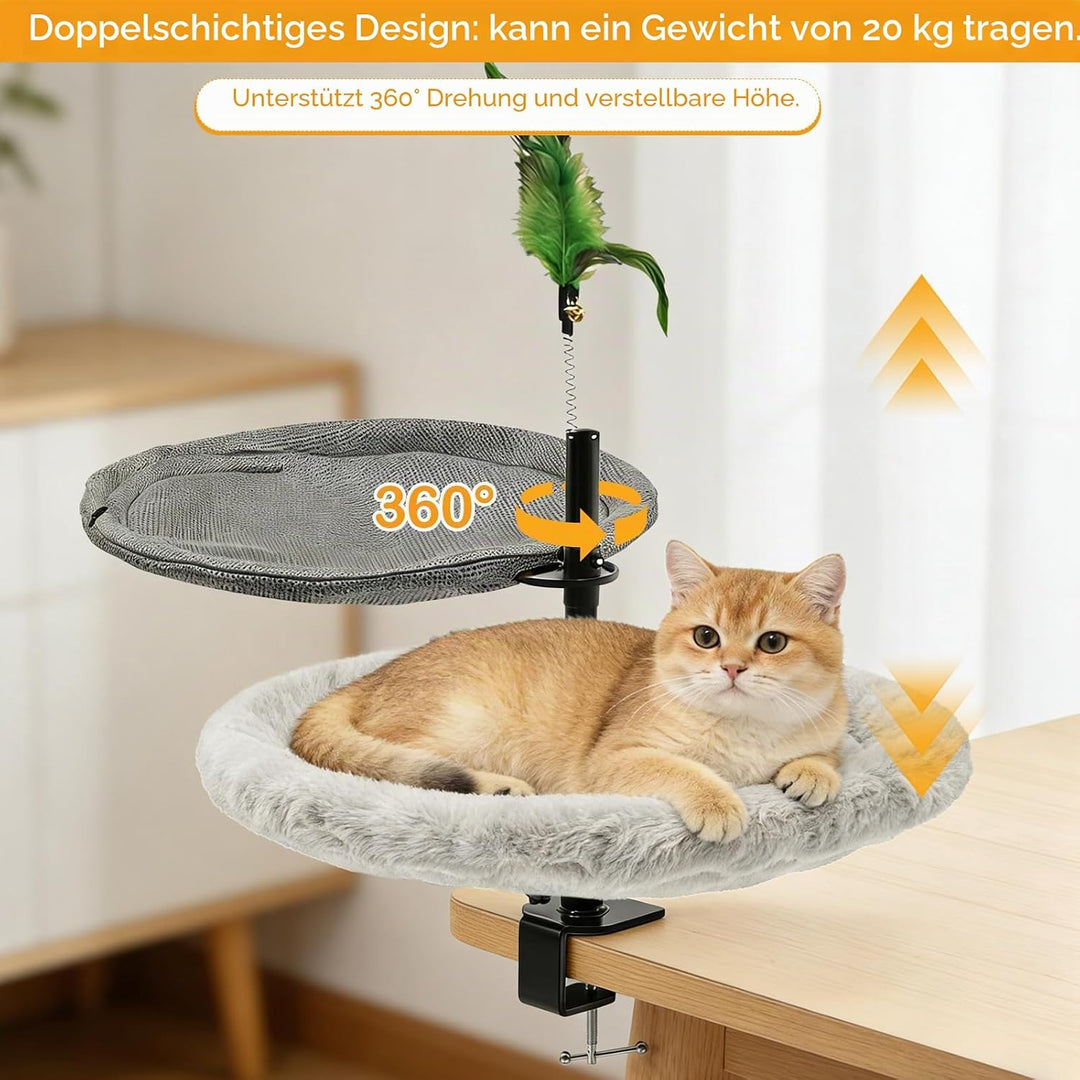 Doppellagig Katzenbett für Schreibtisch, mit Federstab, Höhenverstellung, 360° drehbar, bis 20 kg be