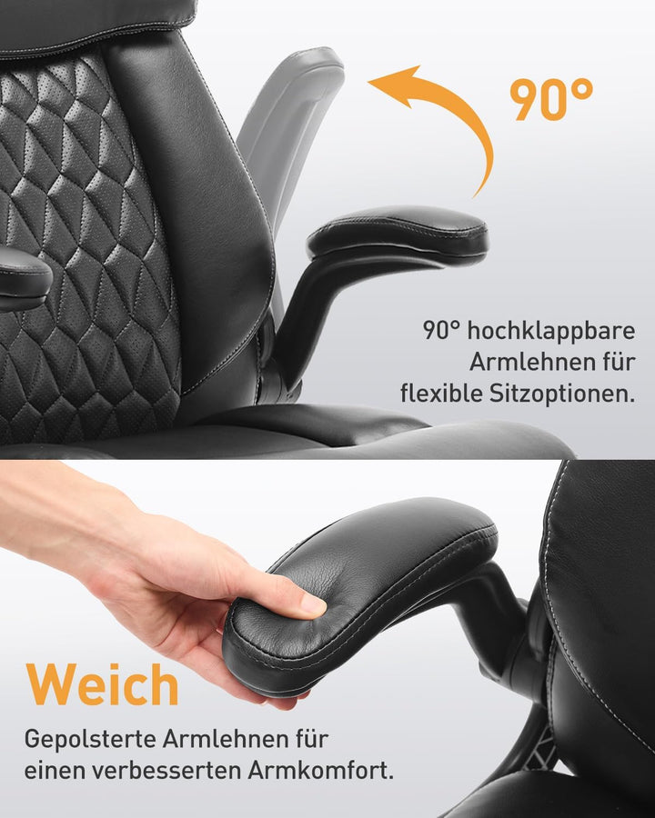COLAMY Ergonomischer Chefsessel mit Lordosenstütze, gepolsterten Hochklapparmen und Kippverstellung