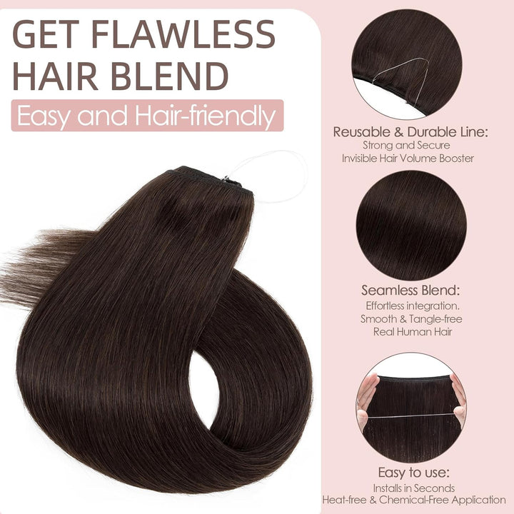 Extensions Echthaar mit transparenter Schnur, Silk-co Wire in ExtensionsDunkelbraun 60g, Secrets Hai